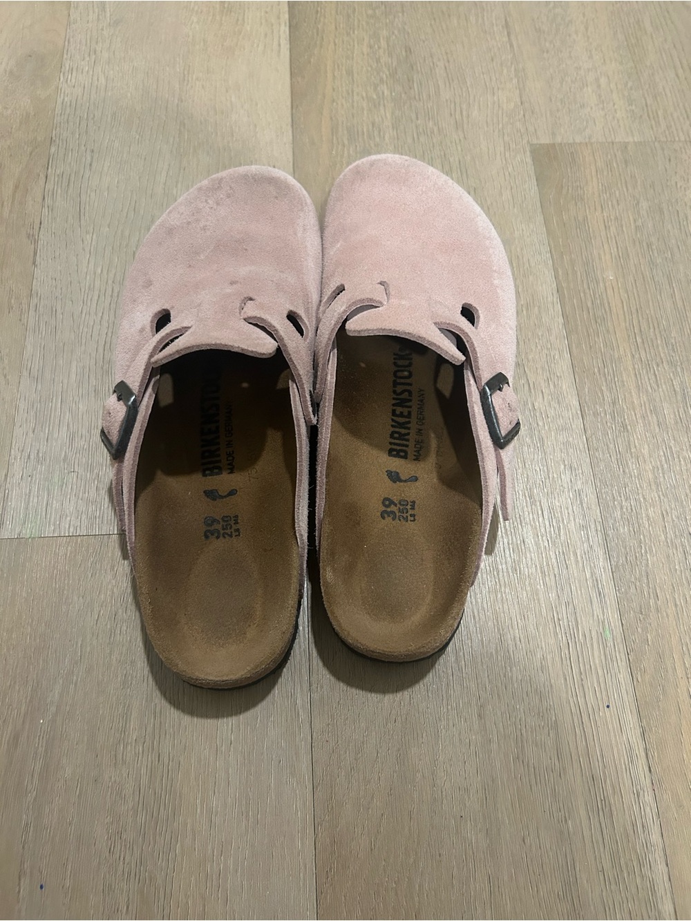 Birkenstock Pink Suede Boston Clogs with Buckle
